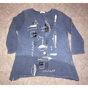 Jess & Jane Blue Fish Art Print 3/4 Sleeve Tunic Top Women Sz Large Made in USA